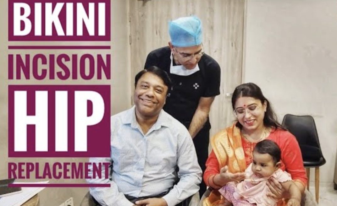 Patient and family after bikini incision hip replacement by Dr. Ashwani Maichand